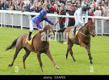 Bold Thady Quill (links) mit Shane Foley gewinnt das Dubai Duty Free Finest Surprise Handicap während des Dubai Duty Free Irish Derby Festivals 2012 auf der Curragh Racecourse, Co. Kildare, Irland. Stockfoto