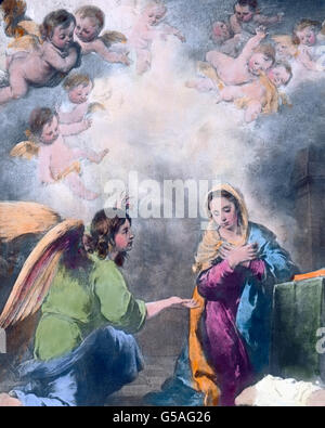 Mariä Verkündigung, Gemälde.  Weihnachten, 19. Jahrhundert, 1910er Jahre, 1920er-Jahre des 20. Jahrhunderts, Verkündigung, gemalt von Murillo, archivieren, Carl Simon, Geschichte, historische,, malen, Maria, Engel, Putte, Religion, Weltanschauung, Bartolome Esteban Murillo, 1618-1682, hand Farbglas-Folie Stockfoto