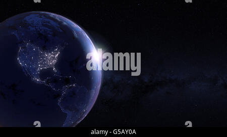 Planetenerde. Himmel und Stadt Nachtlichter (von Nord- und Südamerika) mit beleuchteten und detaillierte Straßenkarte Netzwerk. Stockfoto