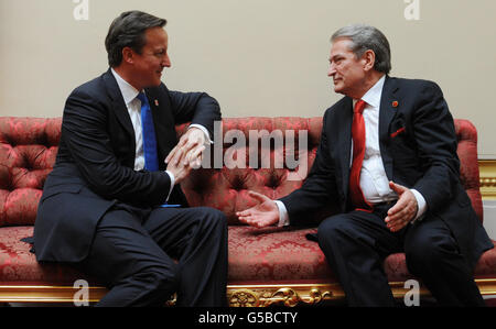 Premierminister David Cameron chattet mit dem albanischen Premierminister Sali Berisha bei einem Empfang im Buckingham Palace, London, um Staats- und Regierungschefs in Großbritannien willkommen zu heißen, bevor sie zur Eröffnungsfeier der Olympischen Spiele 2012 in London ins Olympiastadion reisen. Stockfoto