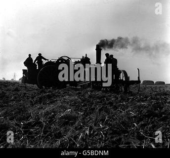 FARM TRACTION ENGINE 1964: Eine Silhouette aus vergangenen Zeiten ist über die Felder von Mr Harold Jackson Thurston's Farm in Stambourne, Essex zu sehen. Die beiden im November 1918 gekauften 200 PS-Motoren arbeiten auf den Feldern rund um Stambourne immer dann hart, wenn das Wetter dazu passt. Stockfoto