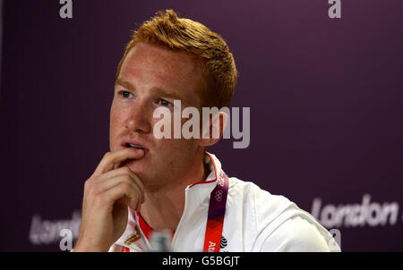 Der britische Greg Rutherford bei einer Pressekonferenz im Media Center im Olympiapark. Stockfoto