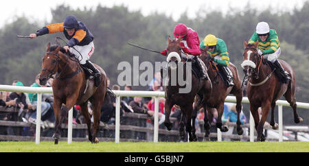 Rebel Fitz unter Davy Russell (links) gewinnt das Guinness Galway Hurdle Handicap beim Guinness Galway Hurdle Handicap Day des Galway Summer Festival auf der Galway Racecourse, Ballybrit. Stockfoto