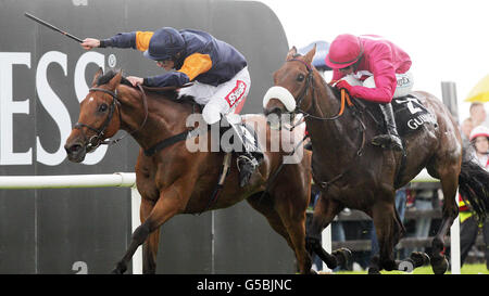 Rebel Fitz unter Davy Russell gewinnt das Guinness Galway Hurdle Handicap beim Guinness Galway Hurdle Handicap Day des Galway Summer Festival auf der Galway Racecourse, Ballybrit. Stockfoto