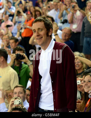 Der britische Bradley Wiggins kommt am siebten Tag der Olympischen Spiele im Londoner Velodrome an. Stockfoto