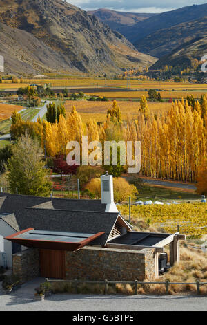 Das Weingut Restaurant, Mt Schwierigkeit Weinberg, Bannockburn, in der Nähe von Cromwell, Central Otago, Südinsel, Neuseeland Stockfoto