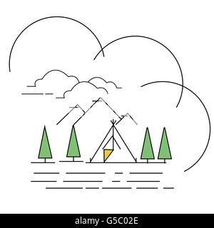 Linie Art Illustration Landschaft Gebirge mit Zelt am See camping Stock Vektor
