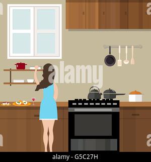 Mutter Frau Kochen in der Küche und bereitet für Lebensmittel Cartoon illustration Stock Vektor