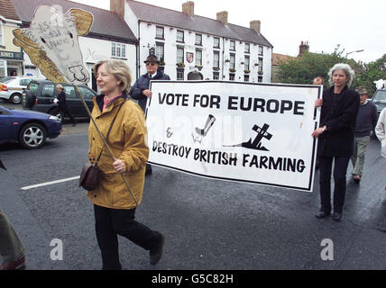 Mehr als zwei Dutzend Demonstranten aus der Bauernschaft trugen Plakate mit ins Zentrum von Sedgefield, Co Durham, zum Rhythmus eines einallein erfreunenden Schlagzeugers. Sie hielten einen "trauermarsch" ab, um ihre Besorgnis über das zu äußern, was sie als eine Vertuschung der Maul- und Klauenseuche der Regierung ansehen. * Sie trugen Kerzen ins Herz von Sedgefield, weil sie glaubten, die Regierung vertuschte das wahre Ausmaß des Ausbruchs der Maul- und Klauenseuche. Stockfoto