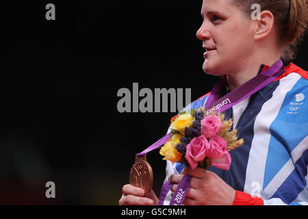 Großbritanniens Karina Bryant mit ihrer Bronzemedaille im +78 kg schweren Judo der Frauen in der Excel Arena, London, am siebten Tag der Olympischen Spiele 2012 in London. Stockfoto