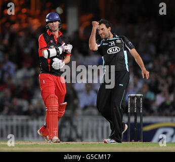 Cricket - Clydesdale Bank 40 - Gruppe B - Surrey / Glamorgan - The Kia Oval. Matthew Spriegel von Surrey feiert, nachdem er Glamorgan's letztes Wicket genommen hat. Graham Wagg für 28. Stockfoto