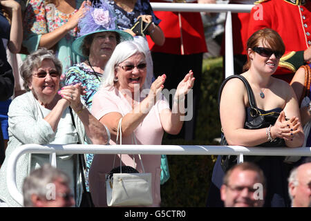 Pferderennen - 2012 Glorious Goodwood Festival - QIPCO Sussex Stakes - Goodwood Racecourse. Racegoers genießen die Atmosphäre Stockfoto