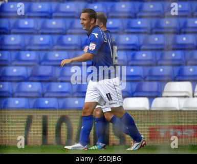 Peter Lovenkrands von Birmingham City feiert sein Tor gegen Peterborough United während des npower Football League Championship-Spiels in St. Andrews, Birmingham. Stockfoto