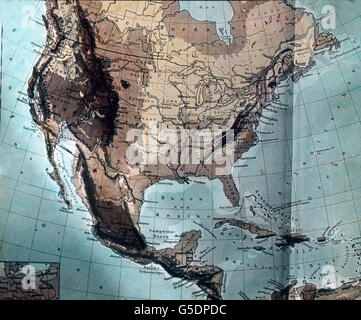 Landkarte der Vereinigten Staaten von Amerika.  Amerika, Nord, USA, Karte von Vereinigte Staaten von Amerika, Reisen, 1910er Jahre, 1920er-Jahre des 20. Jahrhunderts, archivieren, Carl Simon, Geschichte, historische, Karte, Plan, Topographie, Geografie, hand Farbglas-Folie Stockfoto