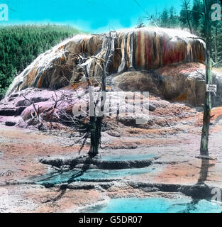 Der Riverside-Geysir Im Yellowstone Nationalpark.  Amerika, Nord, USA, Vereinigte Staaten von Amerika, Yellowstone-Nationalpark Reisen, 1910er Jahre, 1920er-Jahre des 20. Jahrhunderts, archivieren, Carl Simon, Geschichte, historische, Landschaft, Natur, Geysir, Schwall Frühling, Nationalpark, Tier-und Pflanzenwelt, Geologie, hand Farbglas-Folie Stockfoto