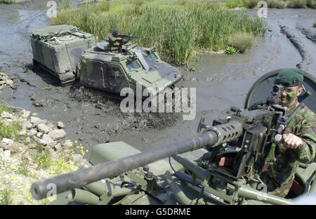 Eines der „Viking“-Panzerfahrzeuge der Royal Marines Commandos während einer Demonstration in Devon in Aktion. Dies ist das erste speziell gebaute gepanzerte Fahrzeug der Royal Marines, das zum ersten Mal auf einer Militärbasis in Scheinschlacht ging. *das speziell für das Regiment entwickelte getrackte Wikinger-Fahrzeug wurde beim Commando Logistics Regiment in Chivenor, Devon, vorgestellt. Mit bewaffneten Marineinfanteristen an Bord pflügte er mit Geschwindigkeit durch Land, durch tiefen Schlamm und Wasser, kletterte einen steilen Hang und engagierte eine feindliche Gruppe mit seinem 7,62 mm montierten Allzweck-Maschinengewehr. Der Wikinger wird die geben Stockfoto