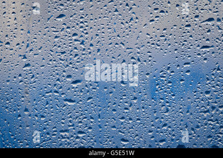 Wassertropfen auf einer Fensterscheibe vor blauem Hintergrund Stockfoto