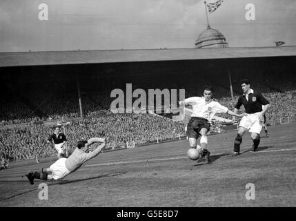 Schottlands Torhüter Cowan rettet sich vor England und Manchester United's Stanley Pearson (mittelweißes Hemd) während ihres internationalen Fußballspiels im Londoner Wembley-Stadion 1949. Stockfoto