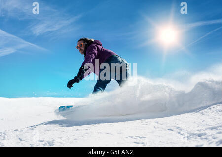 Snowboarder, Freerider. Winter-Szene in den französischen Alpen, Les 2 Alpes Stockfoto