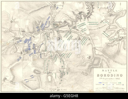 Schlacht von BORODINO: 7. September 1812. Russland. Napoleonischen Kriege 1848 alte Karte Stockfoto