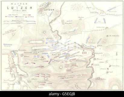 Schlacht von LUTZEN: 2. Mai 1813. Deutschland. Napoleonische Kriege, 1848 Antike Landkarte Stockfoto