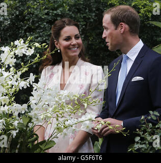 Der Herzog und die Herzogin von Cambridge betrachten eine Orchidee, die nach Prinz Wilhelms Mutter Diana, Prinzessin von Wales, benannt wurde, während ihres ersten Engagements in Singapur, im Rahmen einer neuntägigen Tour durch den Fernen Osten und den Südpazifik zu Ehren des Diamantenjubiläums der Königin. Stockfoto