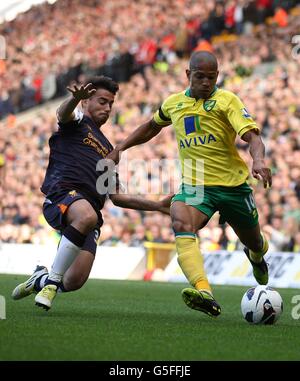 Fußball - Barclays Premier League - Norwich City / Liverpool - Carrow Road. Liverpools Jesus Fernandez Saez (links) gleitet auf Simeon Jackson (rechts) von Norwich City ein Stockfoto