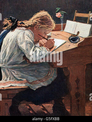 Pädagogik, Schule / Unterricht / Disziplin, Fleissig, Ölgemälde von Julius Christian Rehder (1861 - 1955), um 1900, Zusatzrechte-Clearenzen-nicht vorhanden Stockfoto