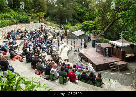 Das Publikum zu Beginn der Aufführung von Life's A Dream im Amphitheater von Trebah Gardens in Cornwall vom Miracle Theatre. Stockfoto