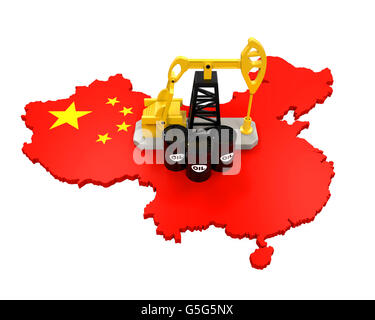 Ölpumpe und Ölfässern auf China Karte Stockfoto