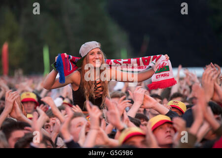 Wales Fußballfans bei der Wales-Unterstützer Fanzone in Coopers Feld, Cardiff, für die Euro 2016 Wales V Russland Spiel. Stockfoto