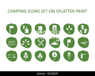 Camping Symbol auf Grün splatter Paint eingestellt. Flache Symbole auf runde Flecken Farbe Hintergrund. Symbole, Symbol, Logo Stock Vektor