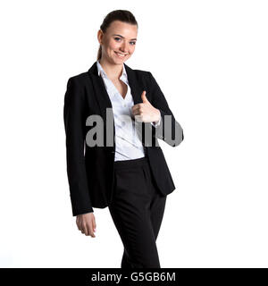 Porträt der jungen Unternehmerin im schwarzen Anzug isoliert auf weißem Hintergrund Stockfoto