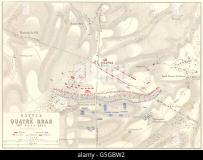 Schlacht von QUATRE BRAS: 16. Juni 1815. Belgien. Napoleonischen Kriege 1848 alte Karte Stockfoto