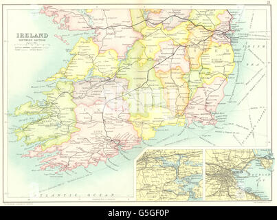 Irland Süd: Munster Leinster; Cork-Dublin. Grafschaften Bahn Kanäle, 1909-Karte Stockfoto
