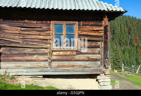 Grobe Holz Wand des Sommers Hirten Hütte mit Fenster im Bergwald Stockfoto