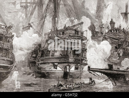 Die Royal Navy 84-Pistole zweitklassig Linienschiff 'Asien' Eingriff zwei osmanischen Flaggschiffe in der Schlacht von Navarino, 20. Oktober 1827, während des griechischen Unabhängigkeitskrieges. Stockfoto