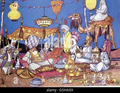 Literatur, Märchen, 'Mecki bei Sindbad', Bildband, 'wie wir in der Oase eintrafen', 1962, Zusatz-Rechteklärung-nicht vorhanden Stockfoto