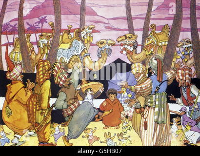 Literatur, Märchen, 'Mecki bei Sindbad', Bildband, 'wie wir die Kameldiebe führen', 1962, Zusatz-Rechte-Clearences-nicht vorhanden Stockfoto