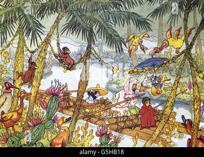Literatur, Märchen, 'Mecki bei Sindbad', Bildband, 'wie wir uns ein Floß bauten' 1962, Zusatz-Rechteklärung-nicht vorhanden Stockfoto