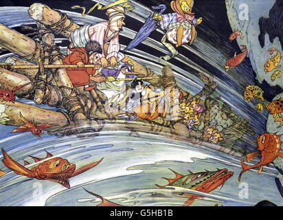 Literatur, Märchen, 'Mecki bei Sindbad', Bildband, 'wie wir in einen reißenden Strudel mieten', 1962, Zusatz-Rights-Clearences-not available Stockfoto