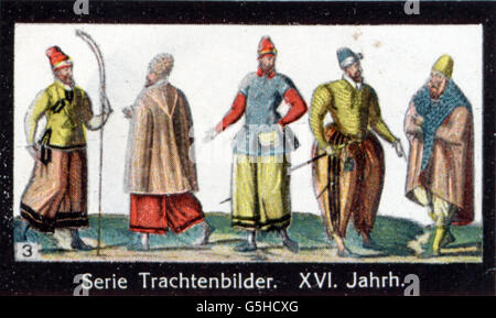 Mode, Tracht, Männer in Trachten, 16. Jahrhundert, Plakatmarke aus der Trachtenbilder-Serie, um 1910, Zusatz-Rechteklärung-nicht vorhanden Stockfoto