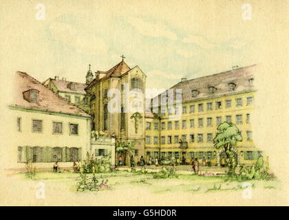 Geographie/Reisen, Deutschland, München, Kirchen, St. Johann Nepomuk Kirche (Asam Kirche), Außenansicht, Rückseite, Poatcard nach Aquarell, um 1947, Zusatzrechte-Clearences-nicht vorhanden Stockfoto