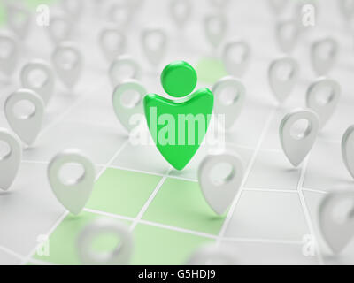 Man stilisierte grüne Geotag Markierung auf Karte in 3d Abbildung abstract Mobilanwendungen Stockfoto