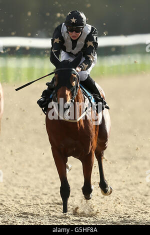 Pferderennen - Lingfield Races. Das erste Gebot, das von Nicky Mackay Rides in den Baker Tilly Classified Auction Stakes gefahren wird Stockfoto