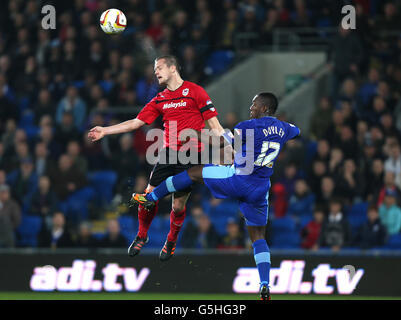 Heidar Helguson aus Cardiff gewinnt beim npower Football League Championship-Spiel im Cardiff City Stadium, Cardiff, einen Kopfball von Lloyd Doyley aus Watford (rechts). Stockfoto