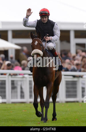 Sapphire mit Pat Scullen (rechts), den Gewinnern der Qipco British Champions-Stutfohlen und Mares, während des QIPCO British Champions Day auf der Ascot Racecourse, Ascot. Stockfoto