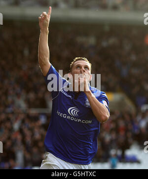 Peter Lovenkrands von Birmingham City feiert den Torreigen beim Spiel der npower Football League in St. Andrews, Birmingham. Stockfoto