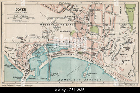 DOVER. Karte Stadtplan Vintage Stadt. Kent, 1930 Stockfoto