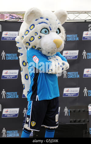 Leeds United Maskottchen Kop Kat, nach dem Maskottchen-Rennen der Football League, zur Unterstützung von Prostatakrebs UK. Stockfoto